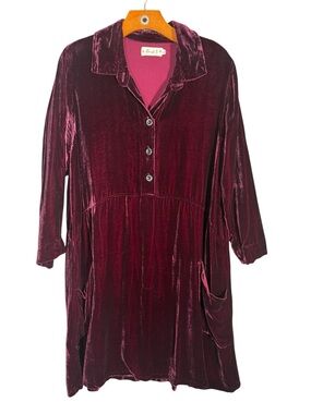 Burgundy Velvet Dress Long Sleeve Collared Body Fit Whimsical Modest Lagenlook L